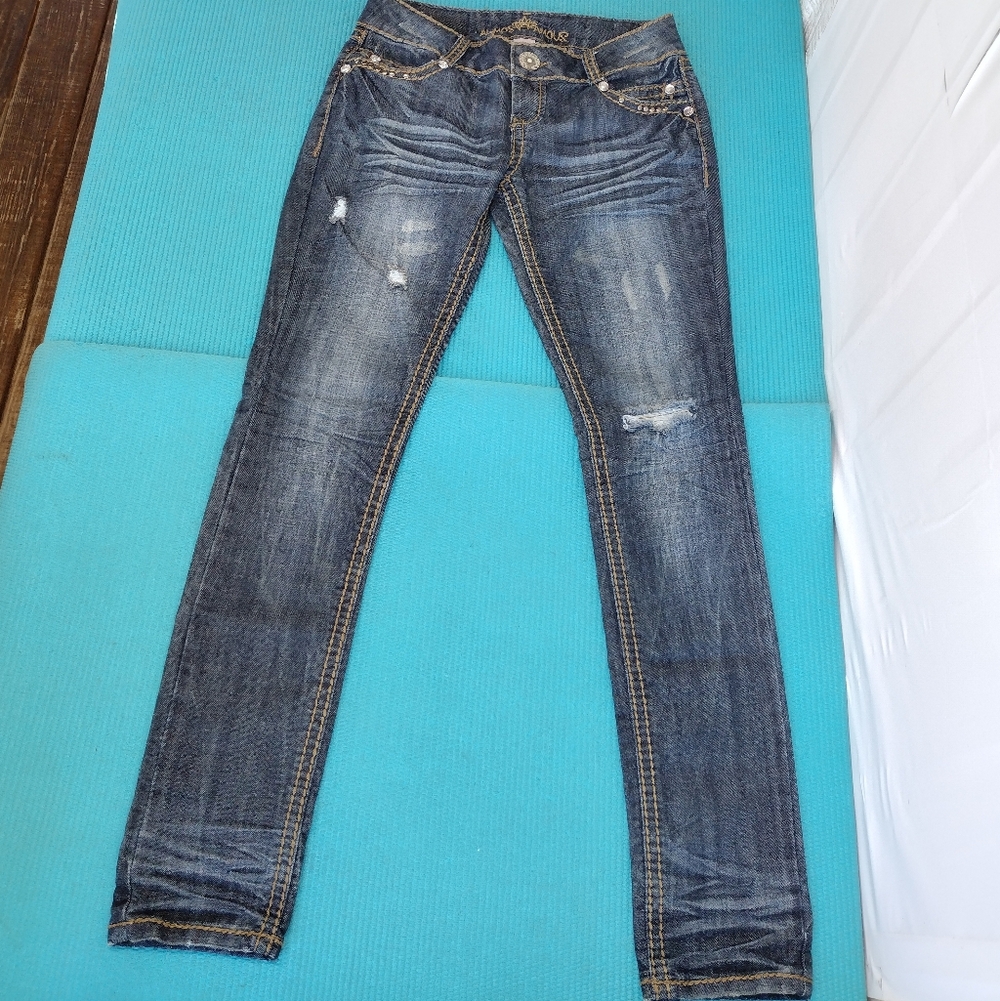 Almost Famous Low Rise Skinny Jeans Blue Distressed Sz 5